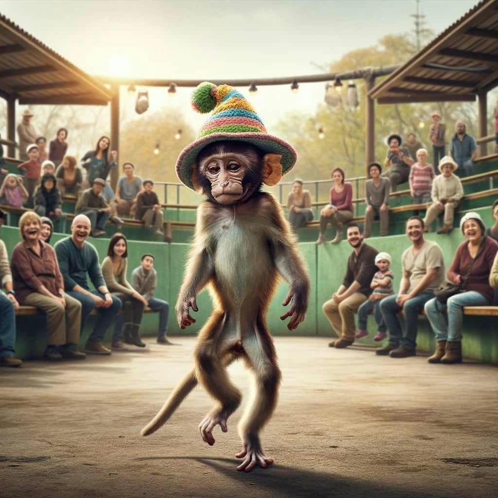 A sad monkey with a silly hat on dances for a laughing crowd.